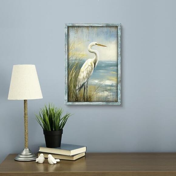 Coastal Heron Framed Wood Print 11'x16" Wall Art Beach Seascape Artwork Seashore - Picture 12 of 16